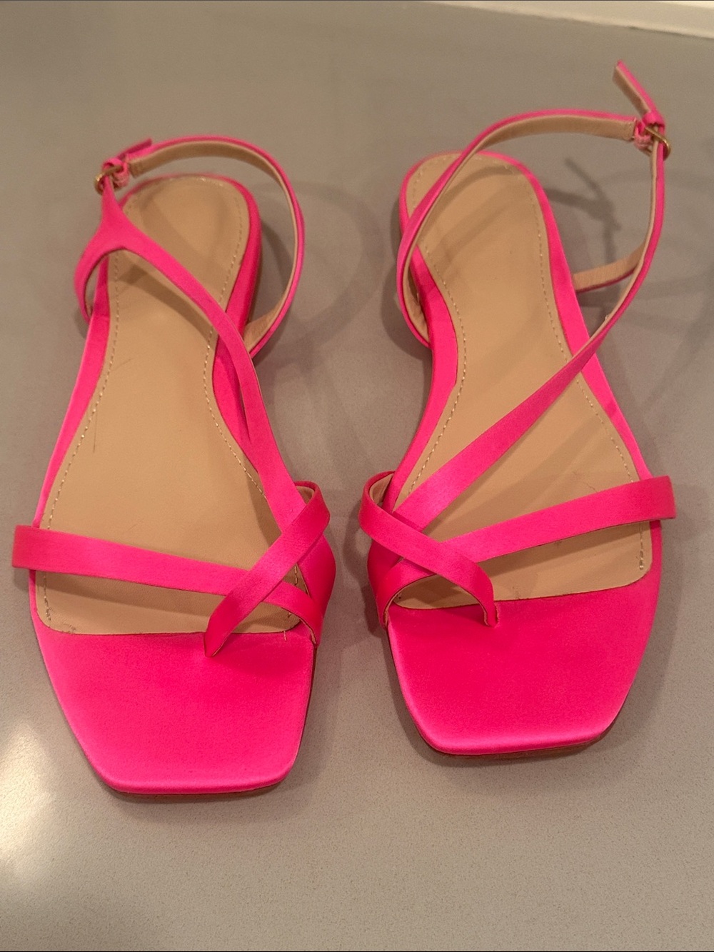 Boden Neon Pink Satin Strappy Square-Toe Loop Flat Sandals Size 40
